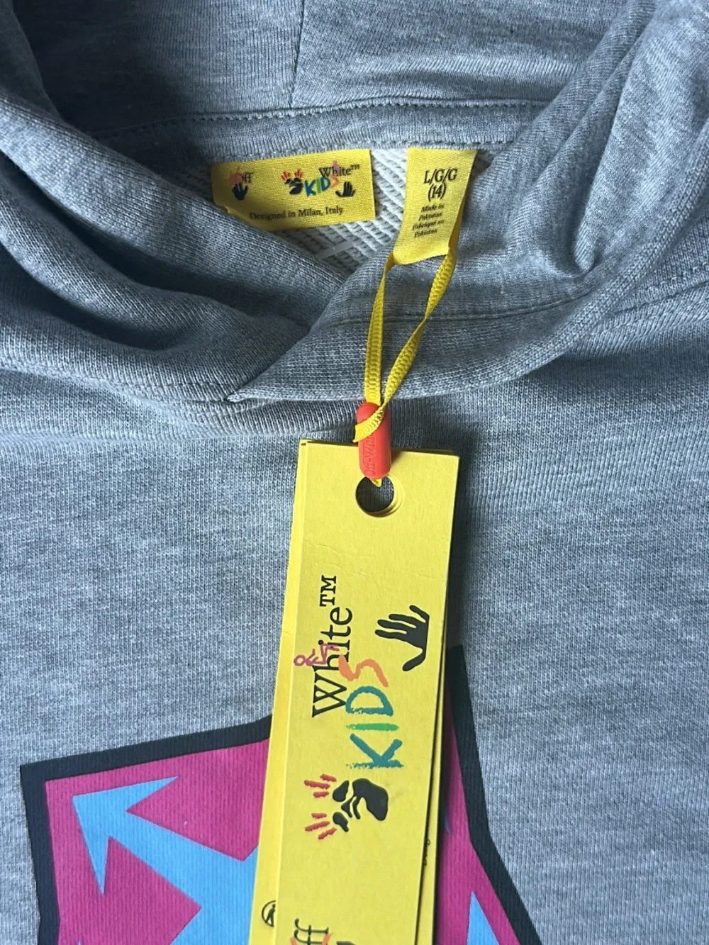 OFF-WHITE Gray Kids Hoodie with Pink-Outlined Blue Logo